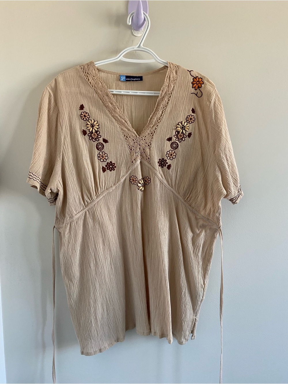 Penningtons Beige Embroidered V-Neck Tunic with Brown Floral Accents